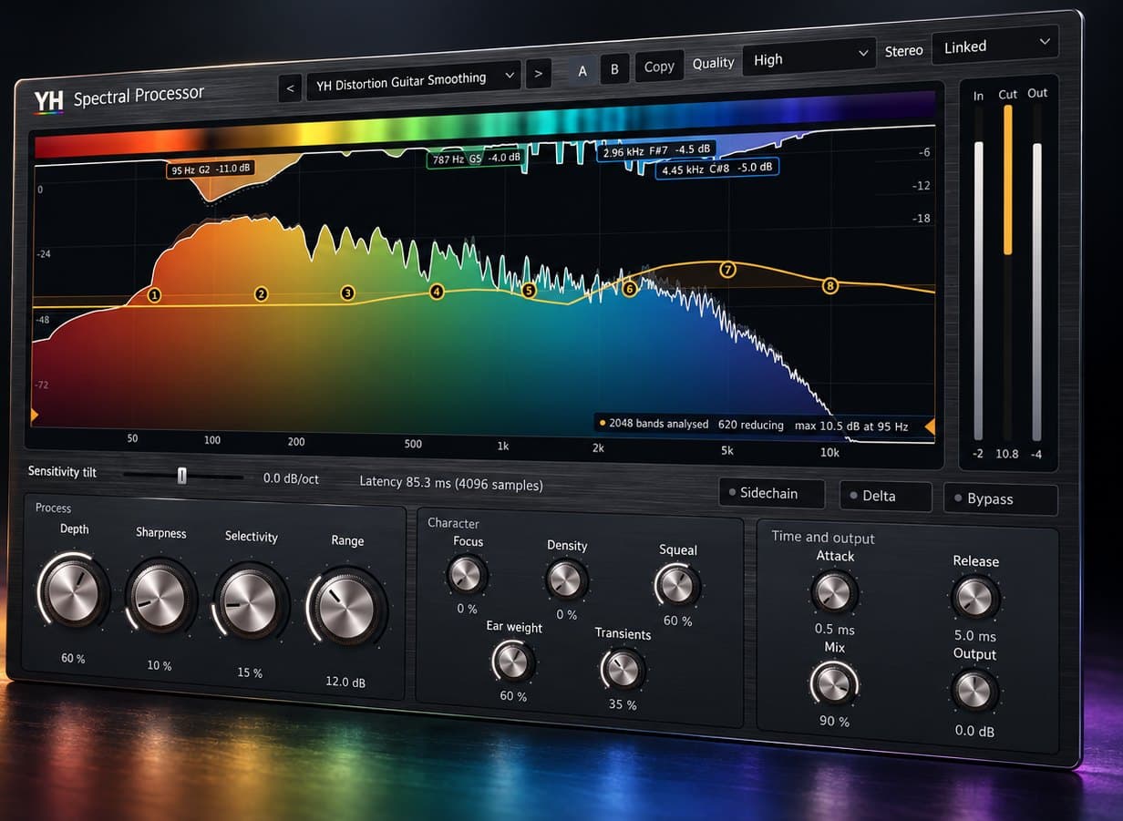 YH Spectral Processor plug-in window showing the live spectrum and the resonances it is reducing